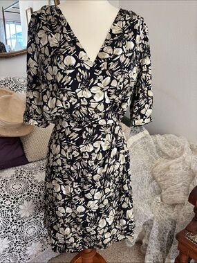 The Kooples Black & Cream Floral V-Neck Midi Wrap Dress
